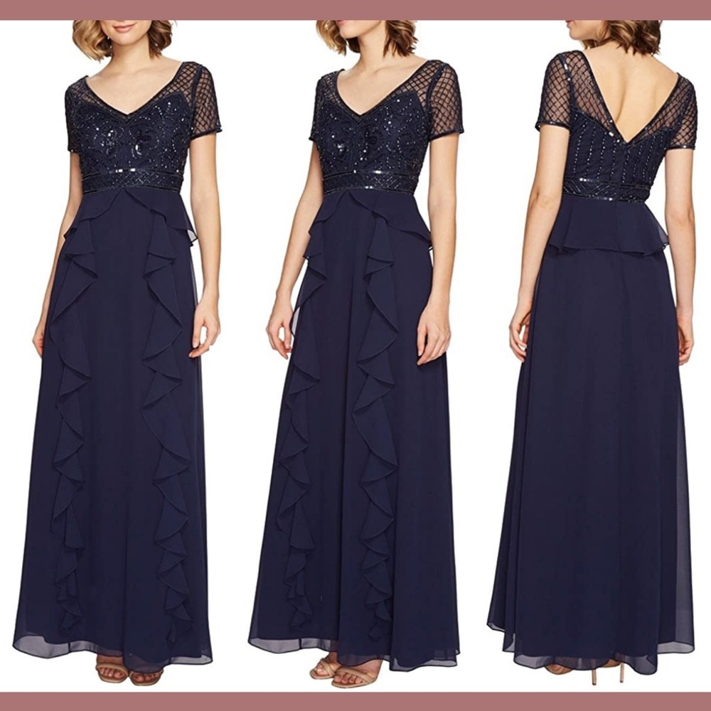 NEW $279‎ Adrianna Papell Short Sleeve Beaded Ruffle Gown Navy Blue [SZ 6 ]